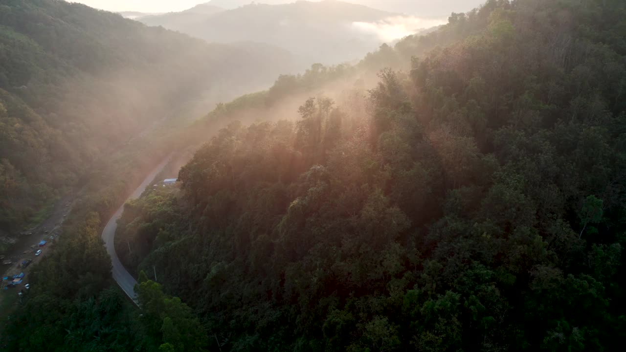 俯视乡村公路穿过绿色森林和山脉视频素材