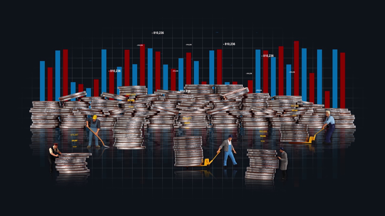 一堆硬币，上面有小人和条形图。视频素材
