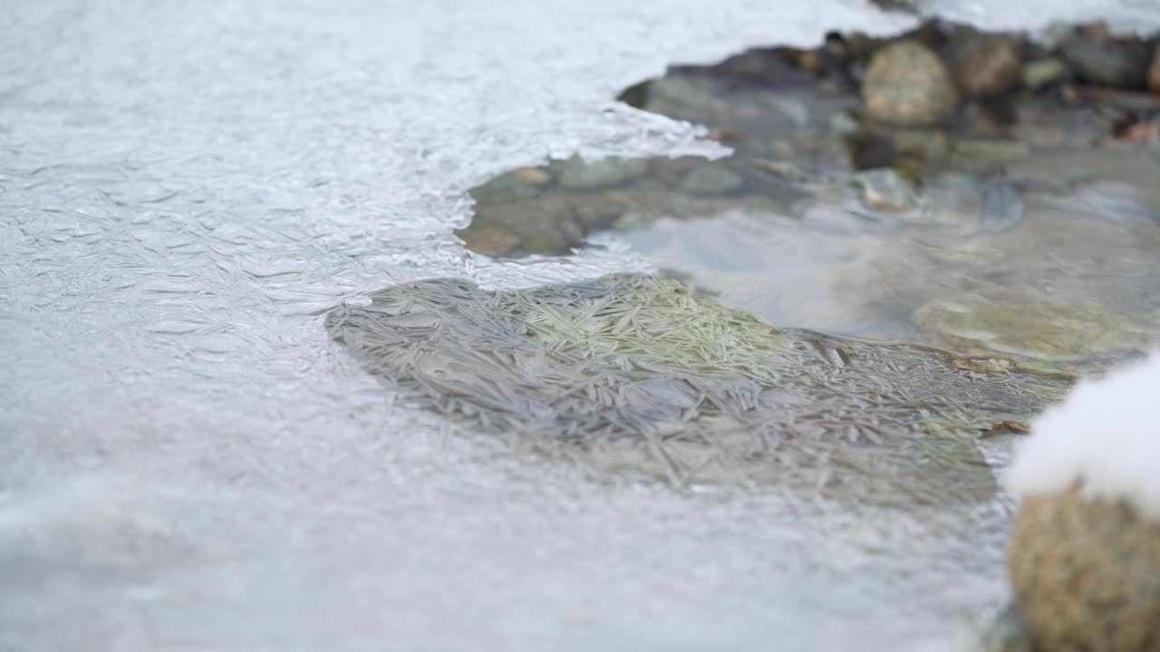 结冰的河流上的冰形成晶体状结构，从上面的特写宏观细节，水在下面流动——冬天的背景视频素材