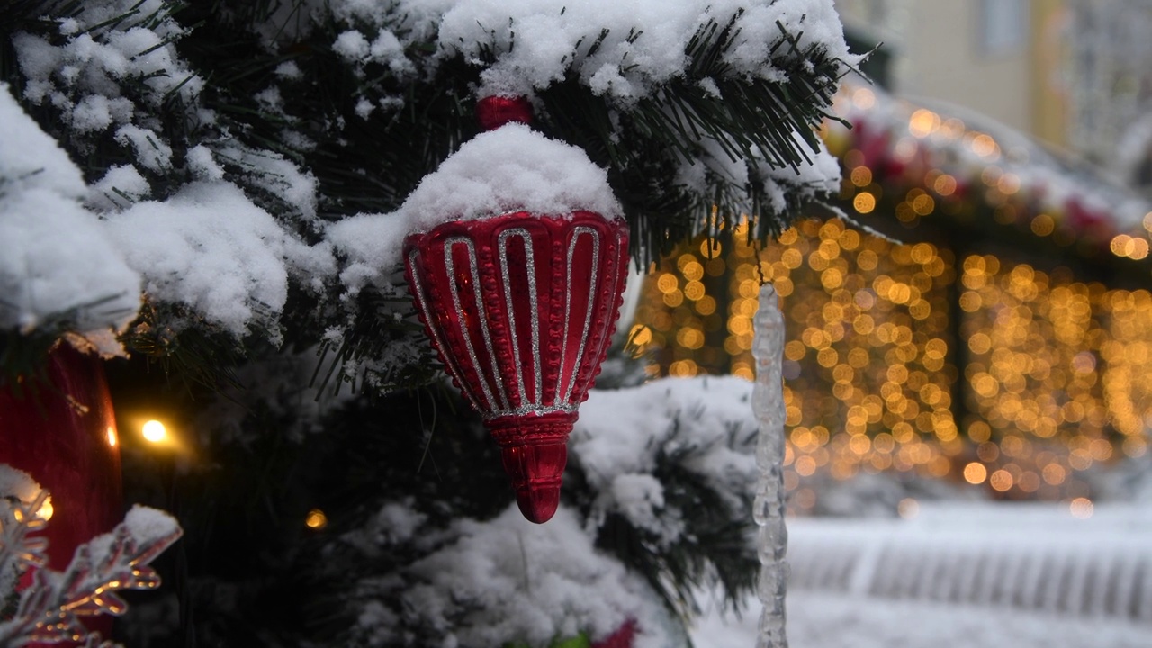 红色的圣诞装饰物挂在雪白的松树上视频素材