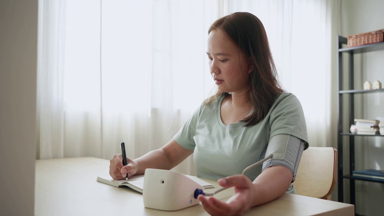 亚洲女性在家里的客厅里监测和检查血压并记录。常规自我医学检测视频素材