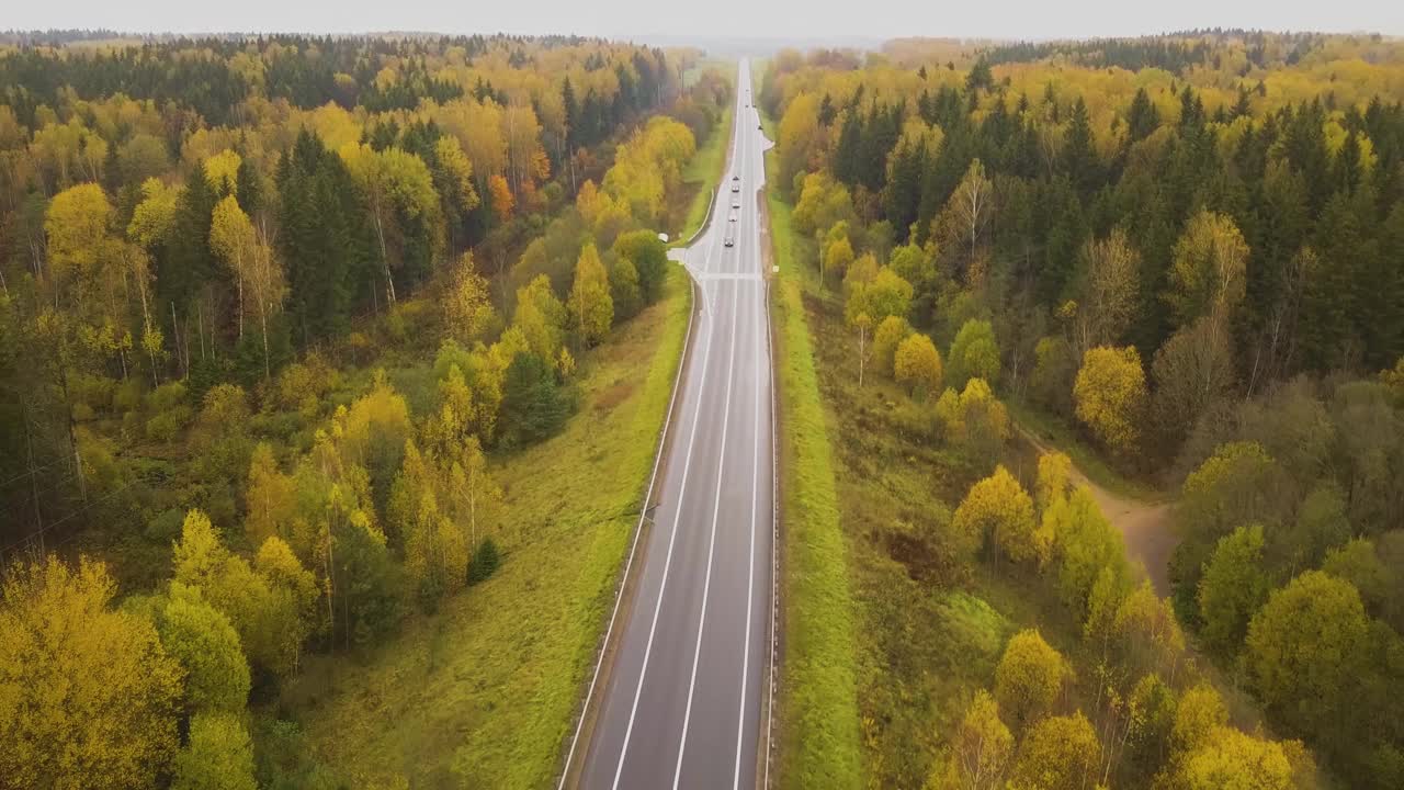 空中汽车行驶在蜿蜒的乡村公路上，穿过秋天的森林。秋季林地，丘陵地带视频素材