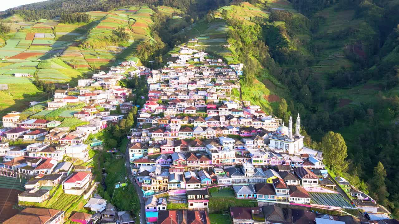 山坡上乡村房屋的鸟瞰图视频素材