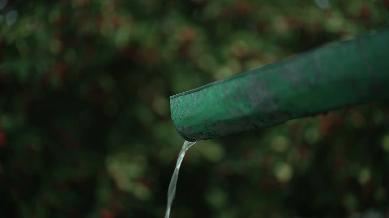 特写的雨水流从排水管从屋顶。夏雨。视频下载