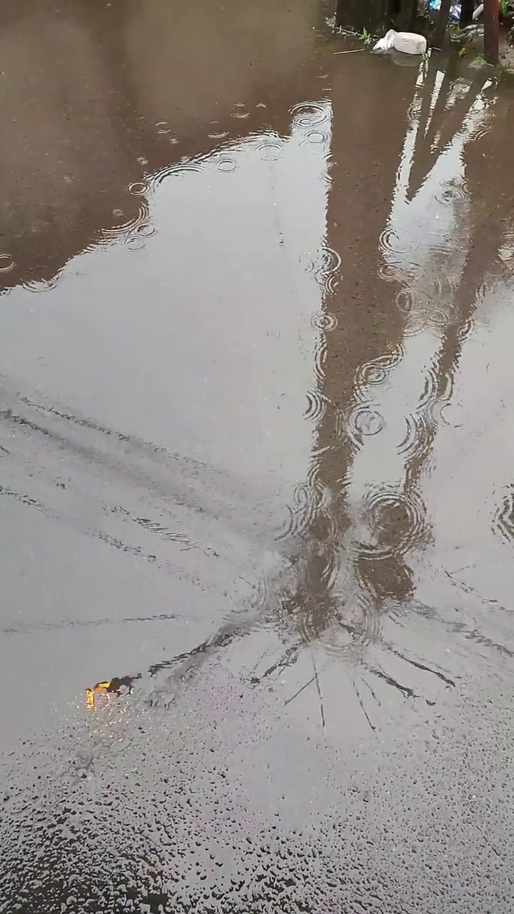 路灯柱上的倒影来自水，波纹来自雨滴视频素材