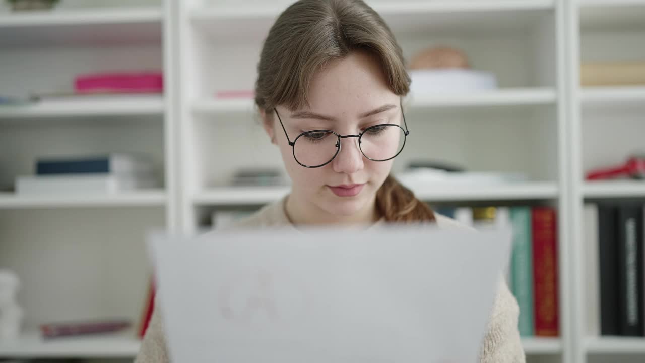 年轻的金发女学生在图书馆大学阅读文件视频素材