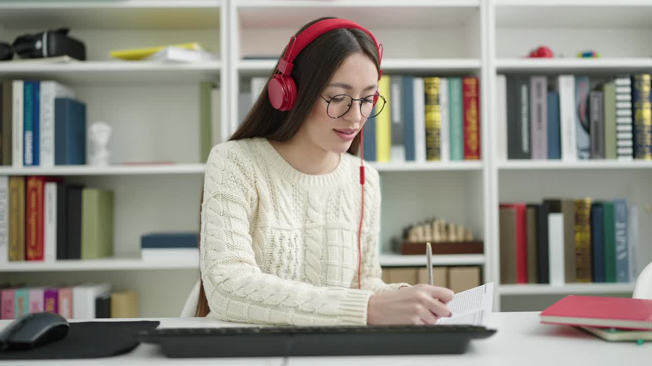 年轻美丽的西班牙女学生在图书馆大学的文件上写视频电话视频素材