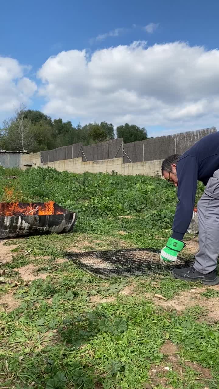 Man preparing the fire to cook grilled calçots over a hot fire at home视频下载