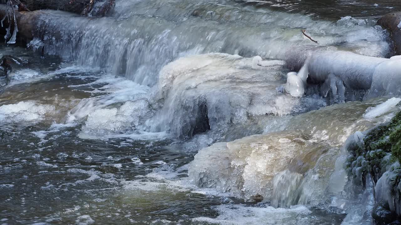 春天解冻。春天冰雪融化时，水流湍急。视频素材