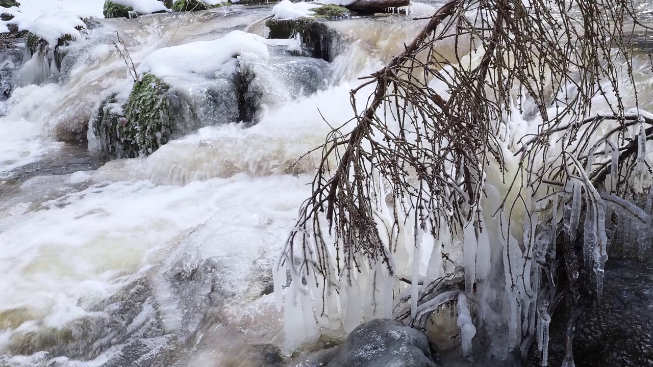 春天解冻。春天冰雪融化时，水流湍急。视频素材