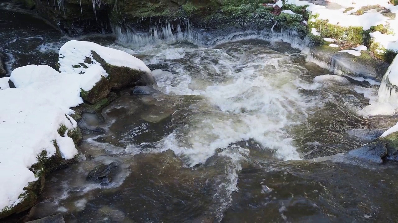 春天解冻。春天冰雪融化时，水流湍急。视频素材