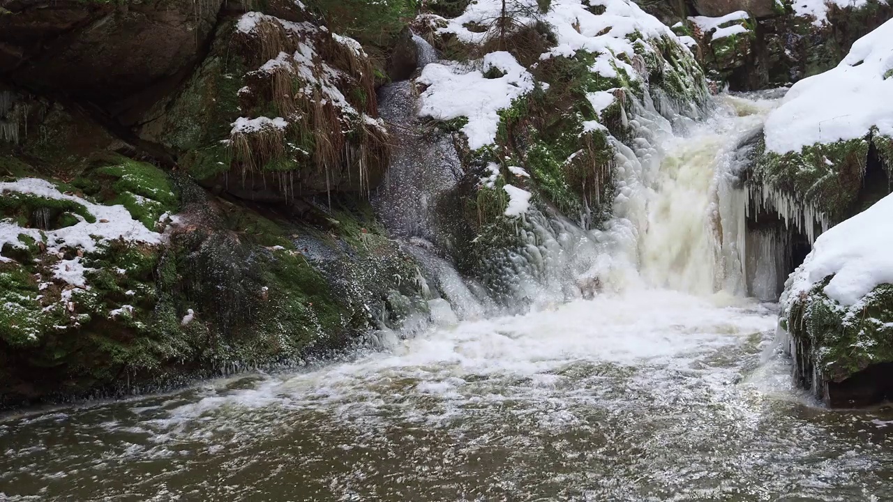 春天解冻。春天冰雪融化时，水流湍急。视频素材