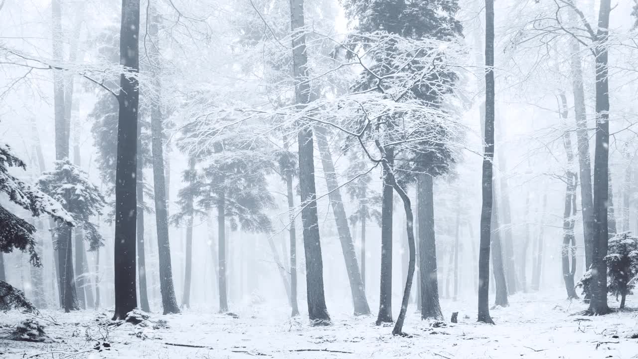 美丽的雾天在雪林景观降雪。视频素材