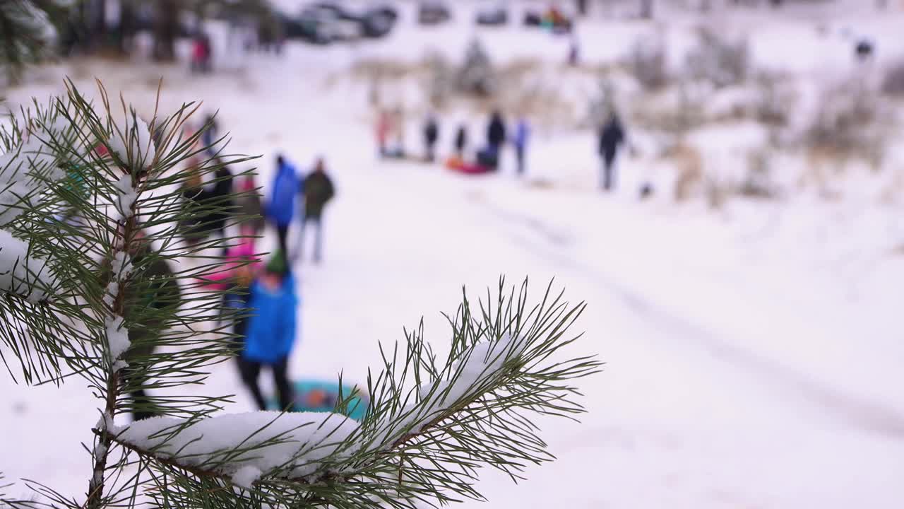 快乐的孩子们骑着雪管在冬天下山散焦。视频下载