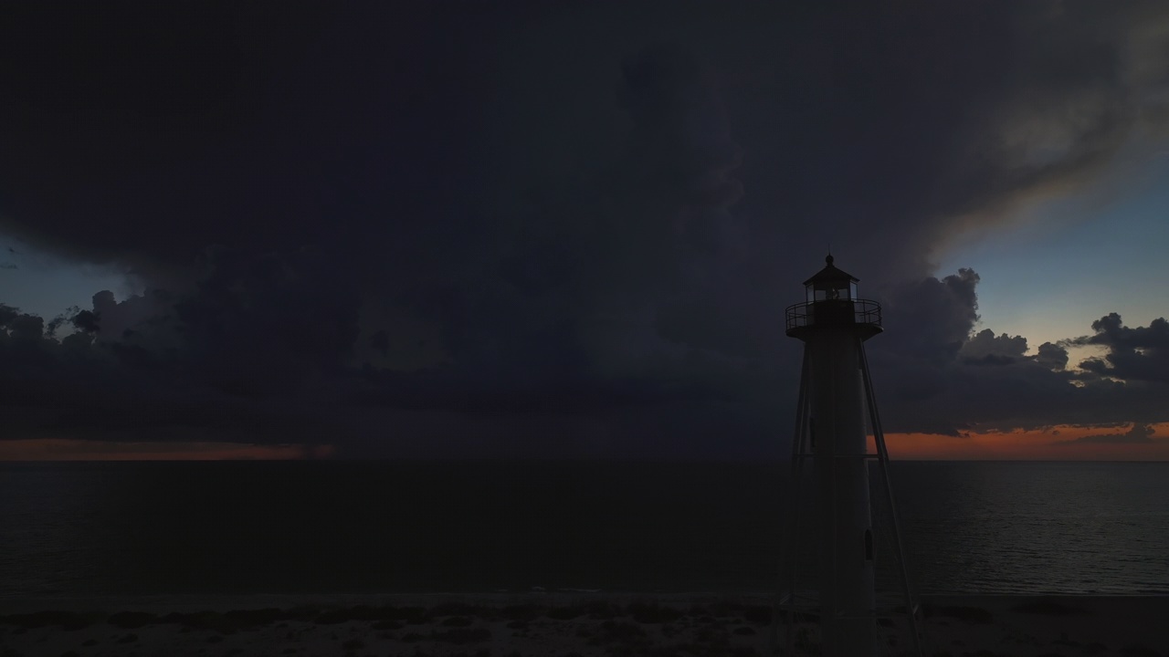 海岸上白色高大的灯塔，在暴风雨的夜晚闪烁着灯光，供商船航行。海面上的雷暴及闪电对船只构成危险视频素材