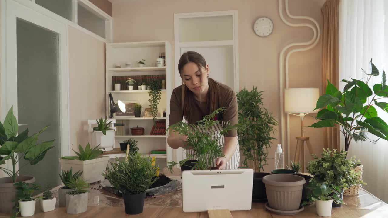 女园丁，花匠，在家照顾种植植物视频素材