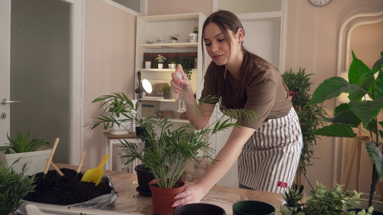 女园丁，花匠，在家照顾种植植物视频素材