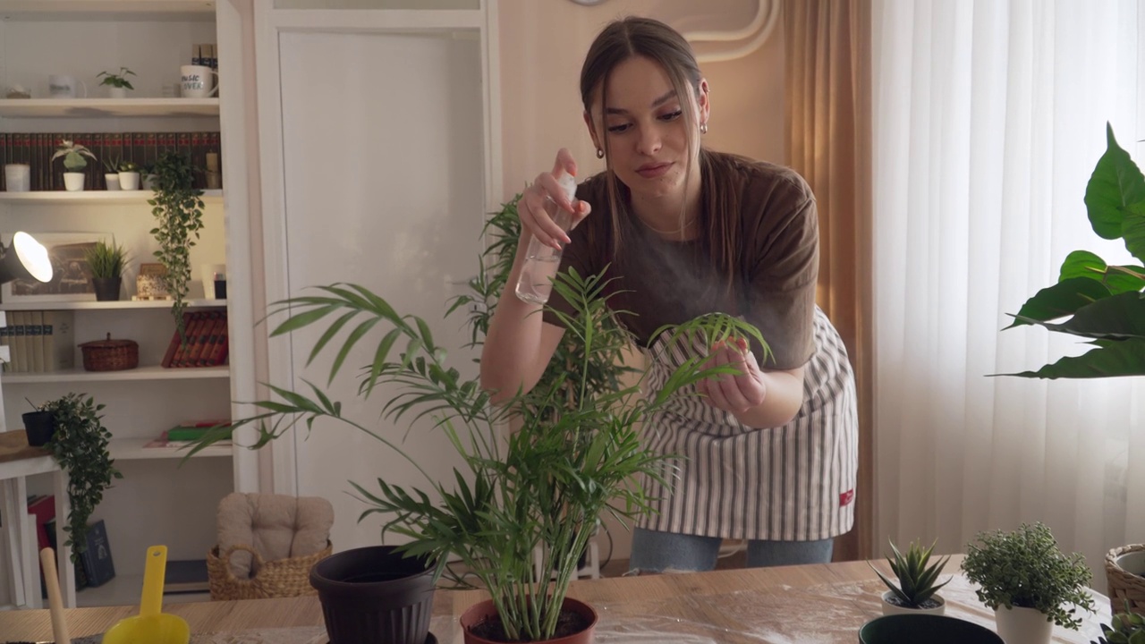 女园丁，花匠，在家照顾种植植物视频素材