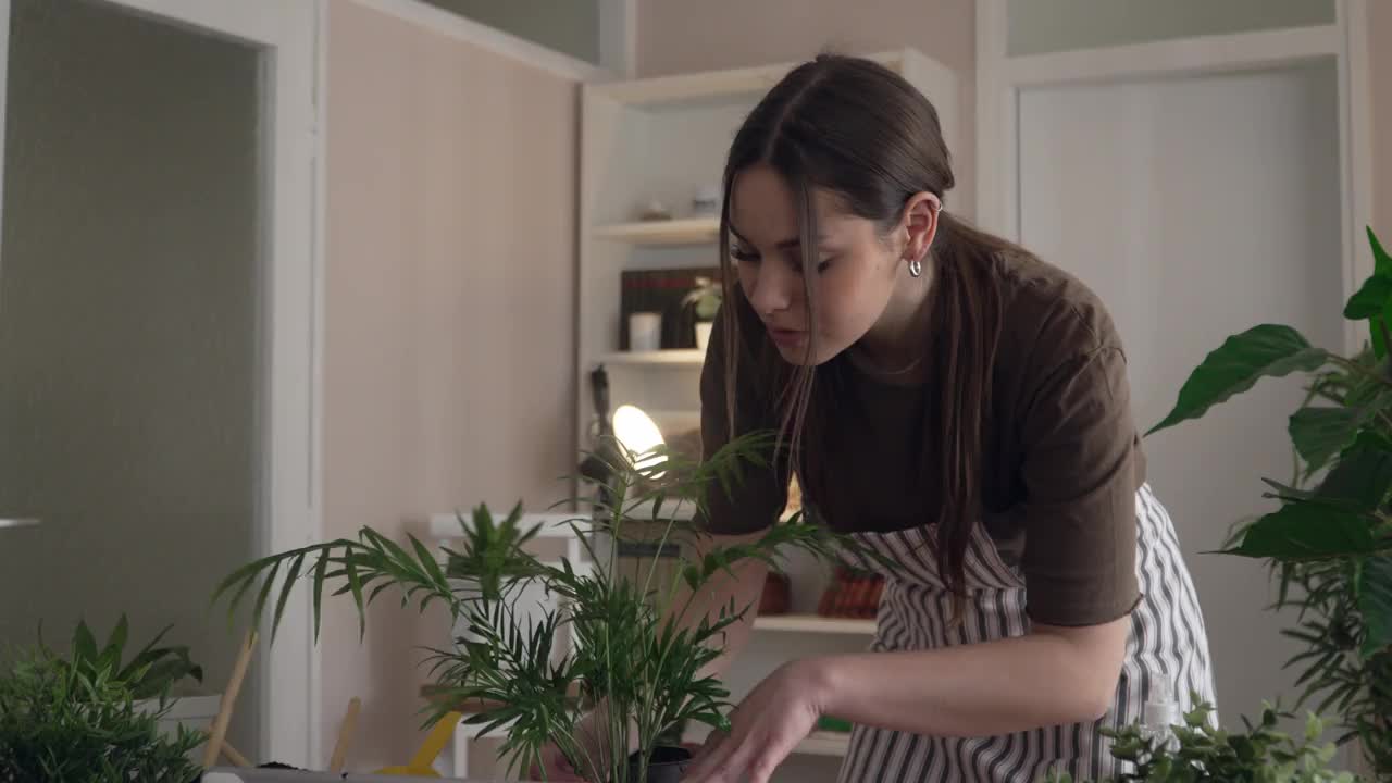 女园丁，花匠，在家照顾种植植物视频素材