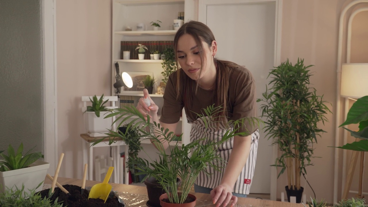 女园丁，花匠，在家照顾种植植物视频素材