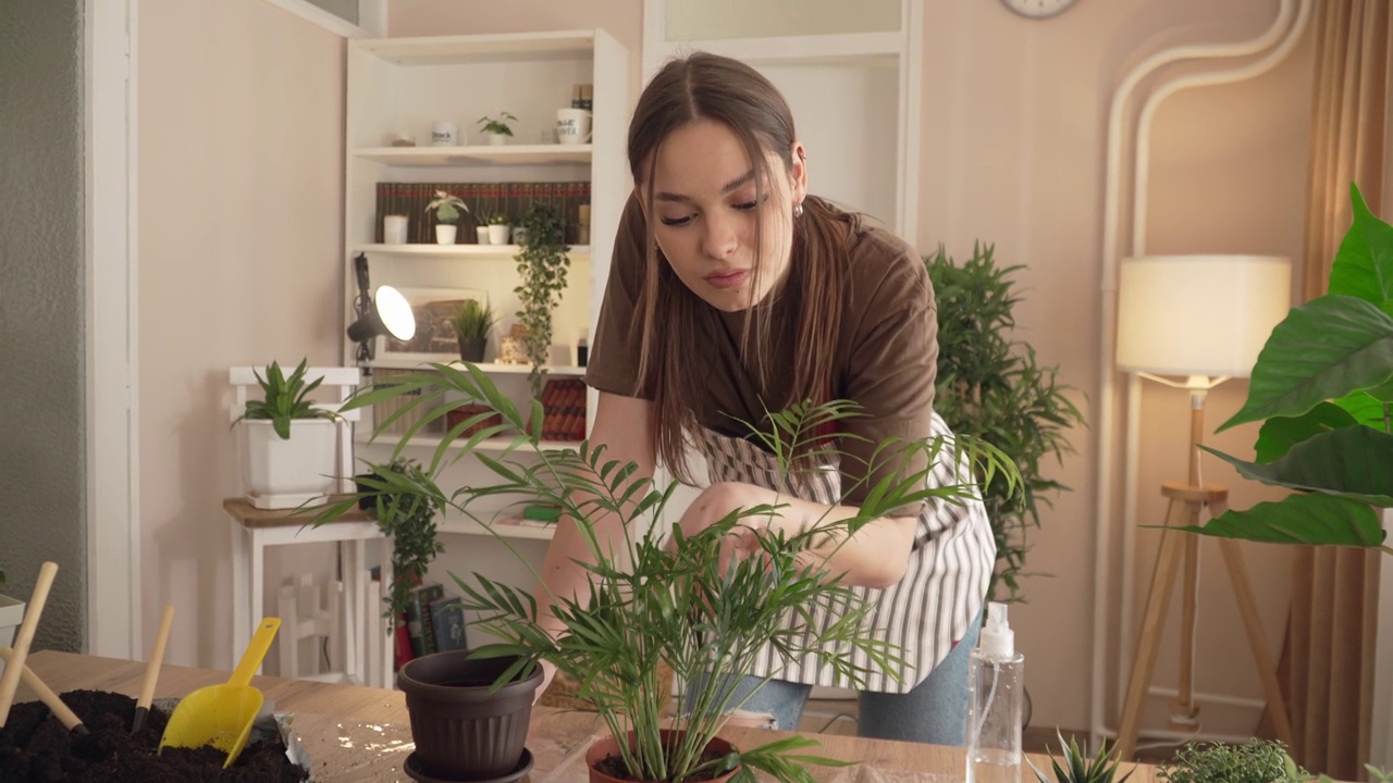 女园丁，花匠，在家照顾种植植物视频素材