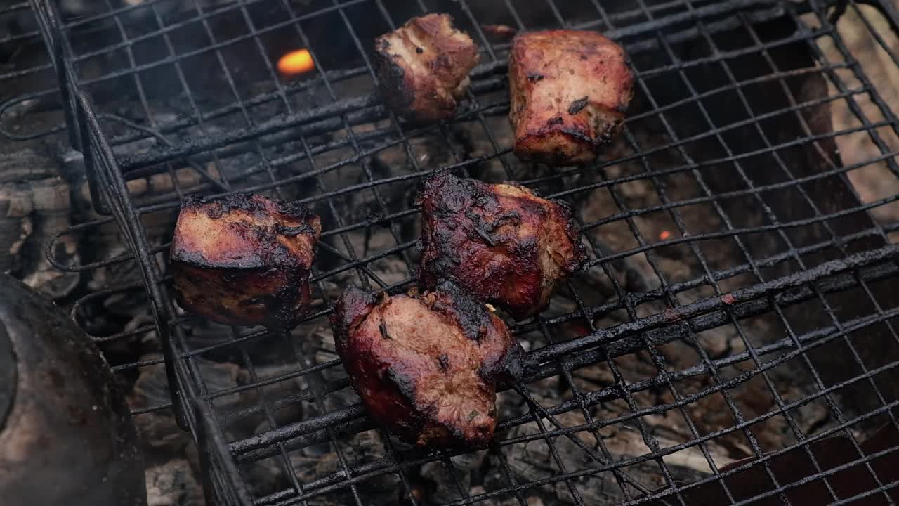 烤架烤羊肉串。在炭上煮卤肉。在煤上煮肉。视频素材