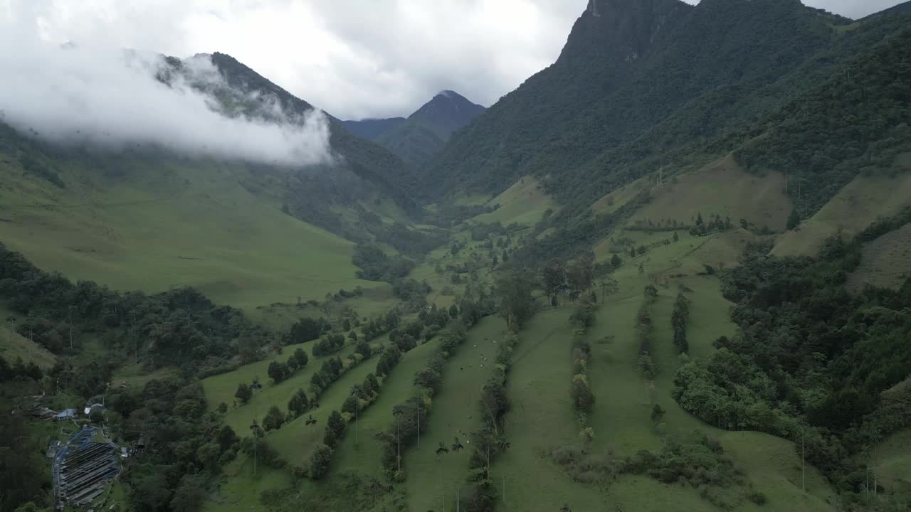 在哥伦比亚科科拉山谷上空的Zenith无人机视野在南美洲保护区的绿色山脉链和云雾森林内的景深视频素材