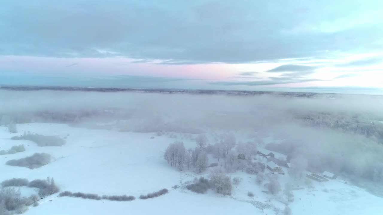 冰雪覆盖的景观，森林笼罩在雾中，挪威的冬季-航拍摄影视频素材