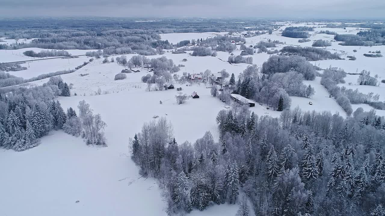 在一个阴天，无人机向前移动拍摄了覆盖着白雪的乡村景观的木屋。视频素材