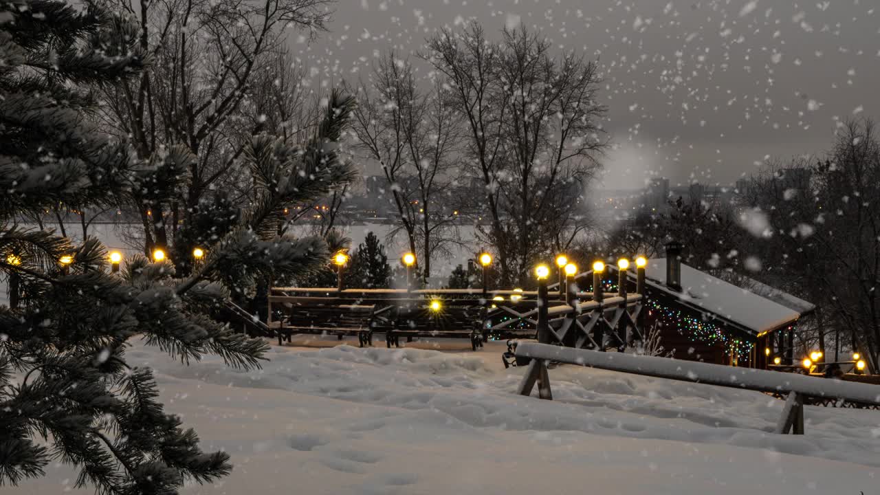 冬季景观与降雪，圣诞节冬季美丽的景观，cinemagraph，视频循环，美丽的软降雪视频素材