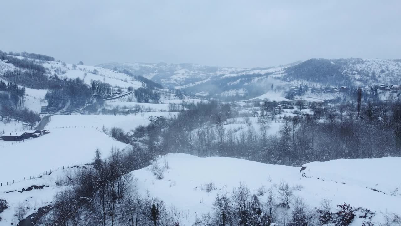 有树木和小径的雪地。山上的房子在冬天。鸟瞰图。视频素材