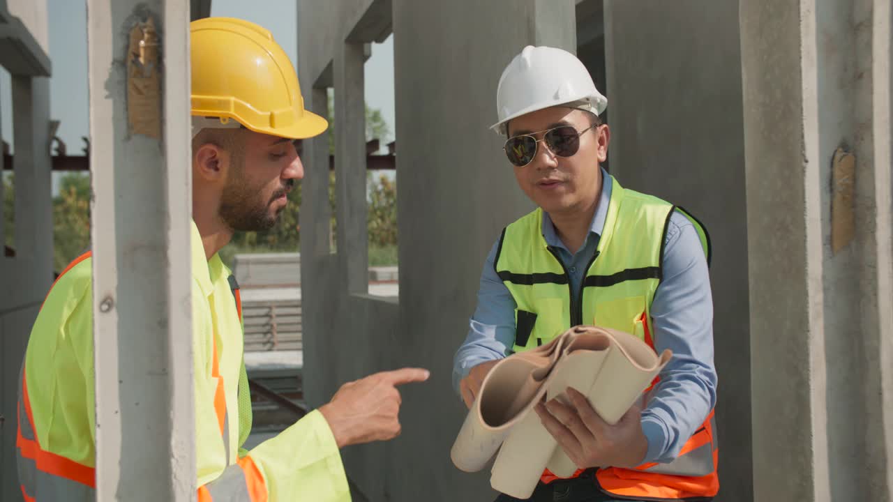 工程师和建筑工人握手的慢镜头。视频素材