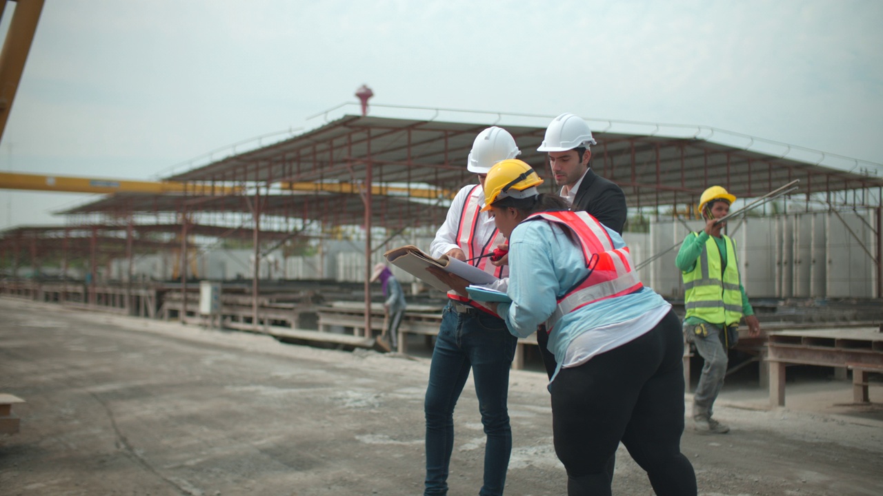 工程师和建筑工人在建筑工地的户外聊天。视频素材