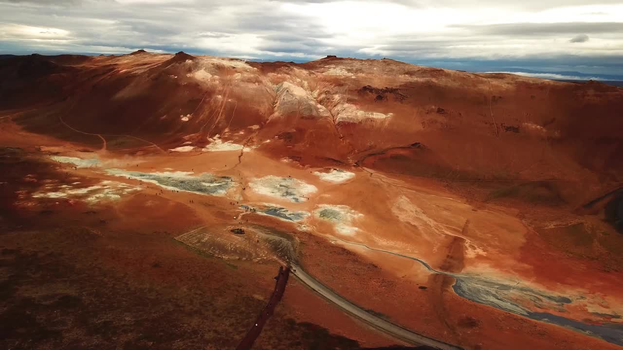 许多游客在冰岛赫韦雷尔地热区周围行走的鸟瞰图视频素材