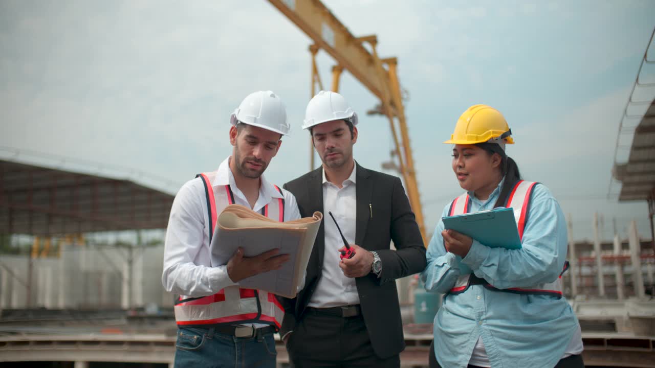 工程师和建筑工人在建筑工地的户外聊天。视频素材