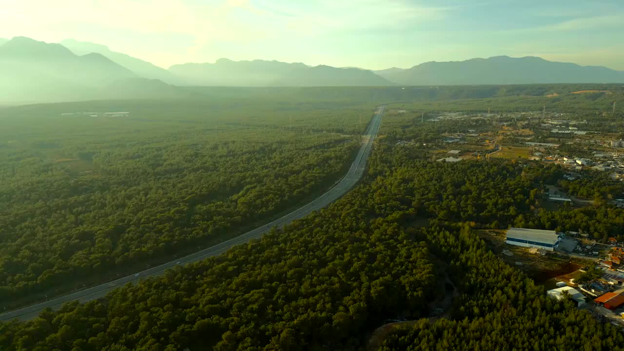 鸟瞰林地和公路。视频素材