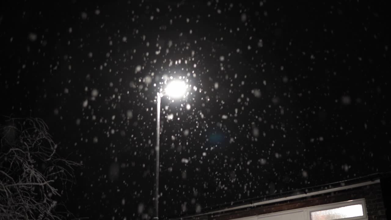 第一次降雪覆盖在英国黑色背景。夜路路灯下雪花飘落-冬天，雪花慢慢落下的效果。天气预报，异常，紧急概念视频素材