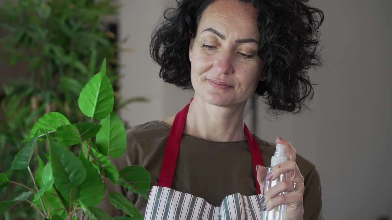 女园丁，花匠，在家照顾种植植物视频素材