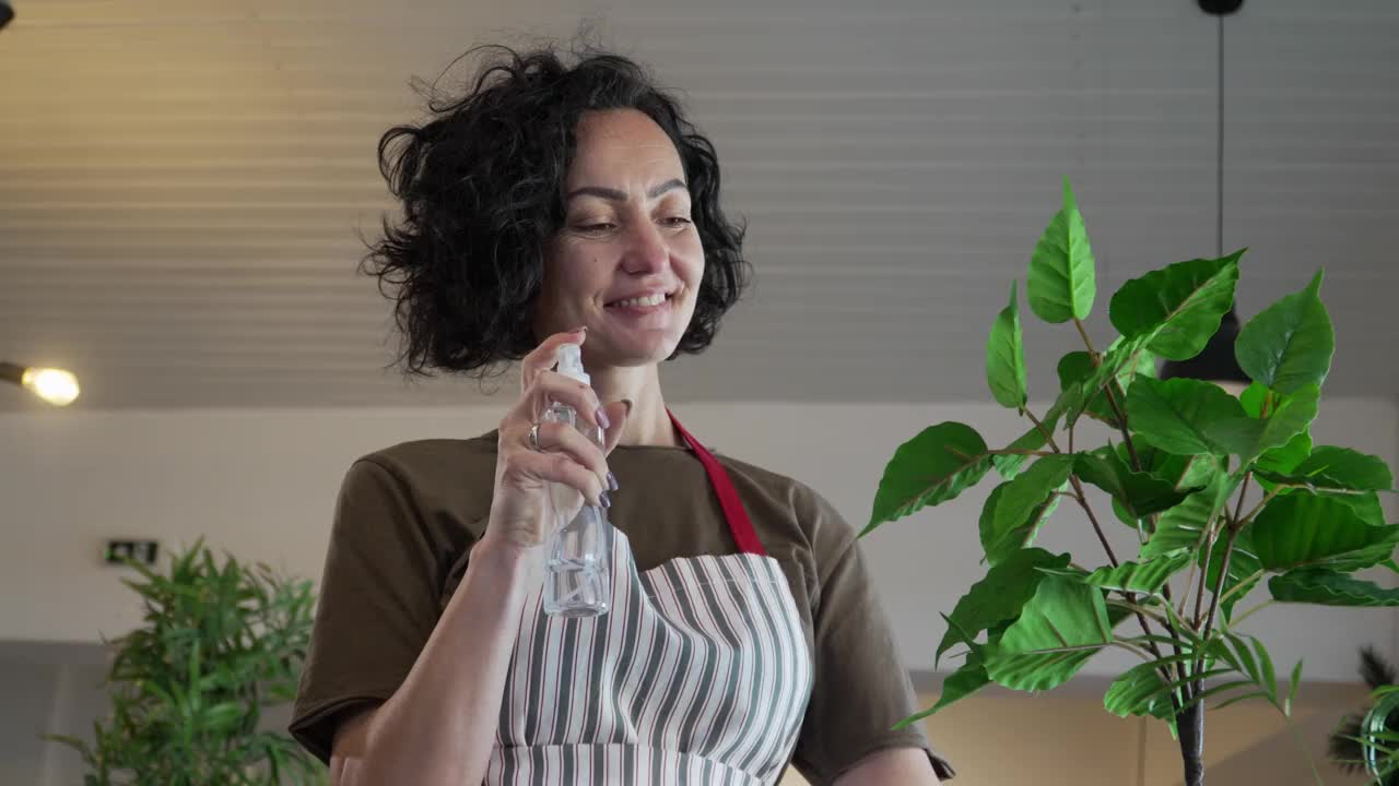 女园丁，花匠，在家照顾种植植物视频素材