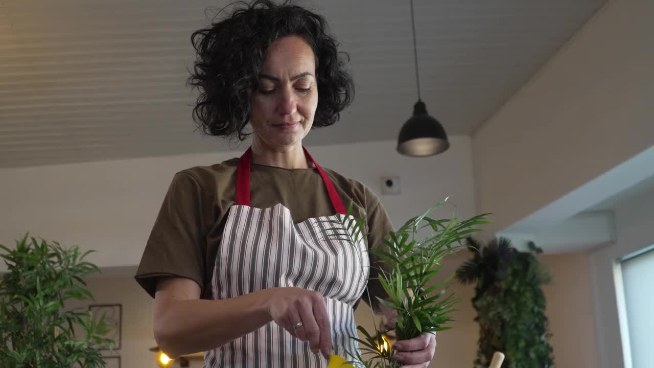 女园丁，花匠，在家照顾种植植物视频素材