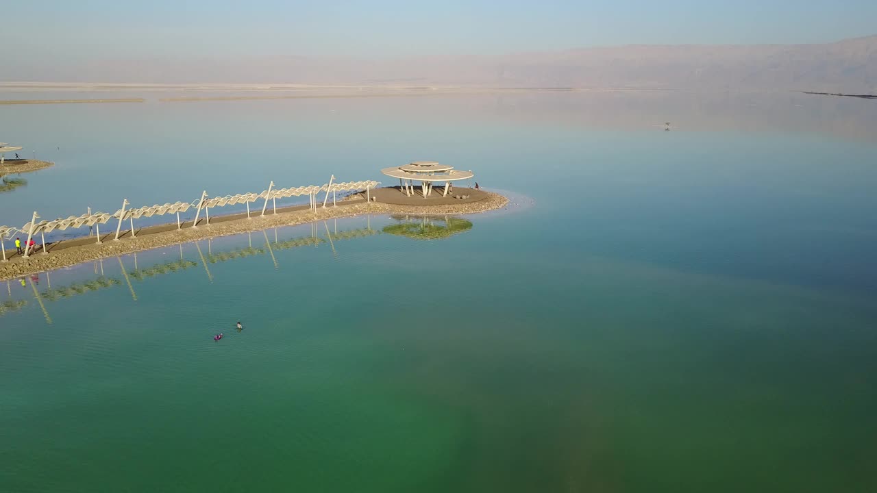 高空拍摄高山附近盐湖的枯树，晴朗的一天，无人机在死海上空向前飞行视频素材