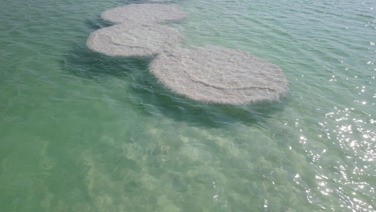 在阳光明媚的一天，无人机飞过湖泊时，死海的盐层鸟瞰图视频素材