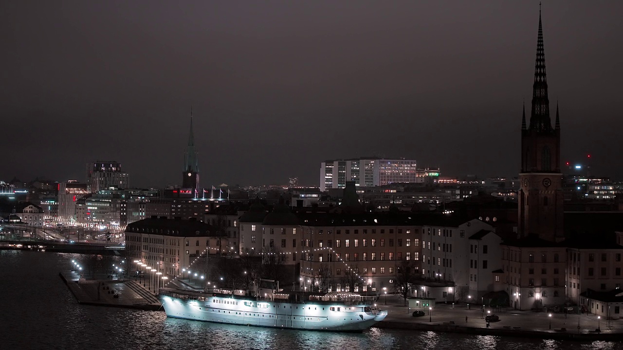 夜晚Riddarholmen的风景。斯德哥尔摩,瑞典视频素材