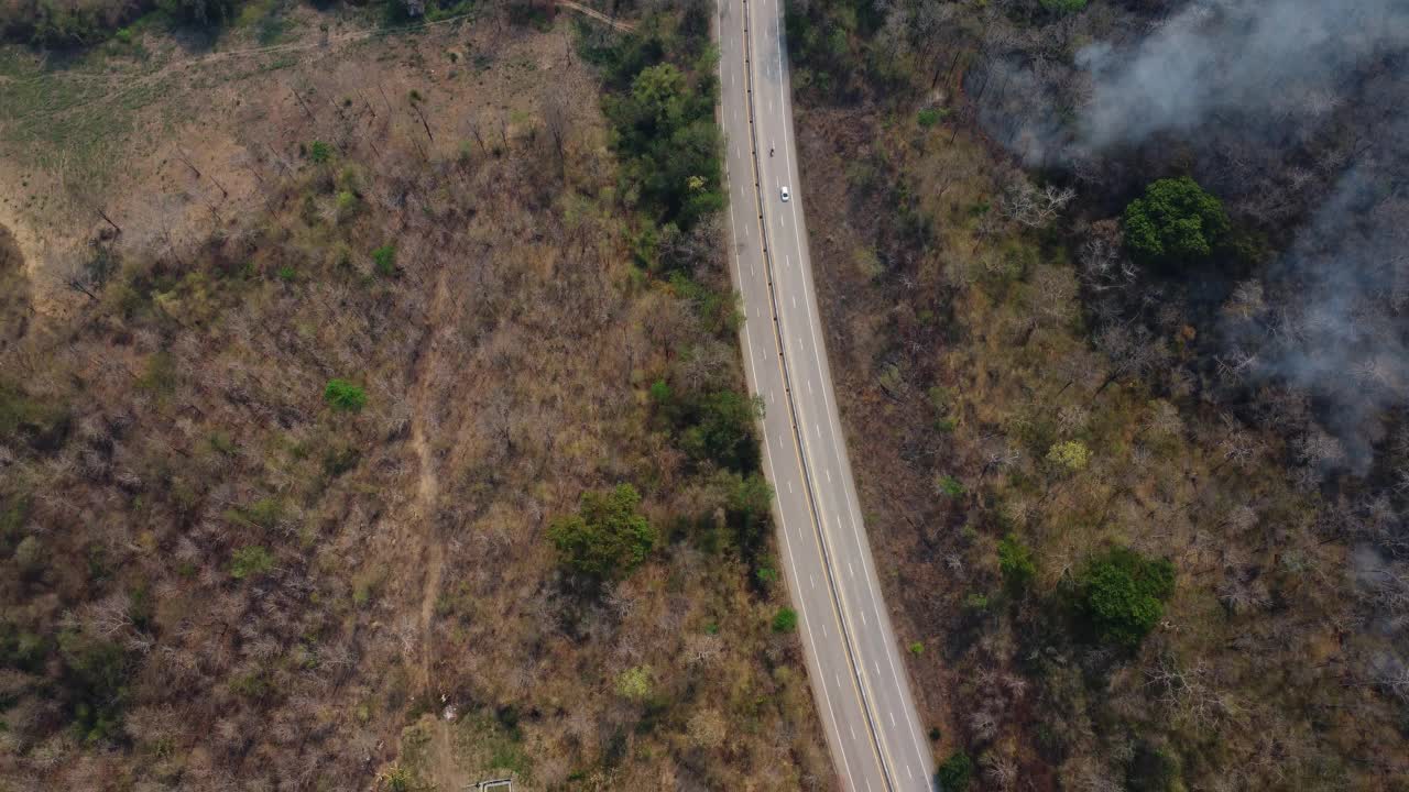 无人机拍摄的野火在森林地区燃烧，在高速公路边缘附近的树林里，天空中弥漫着黑烟。燃烧的森林。空气污染概念视频素材