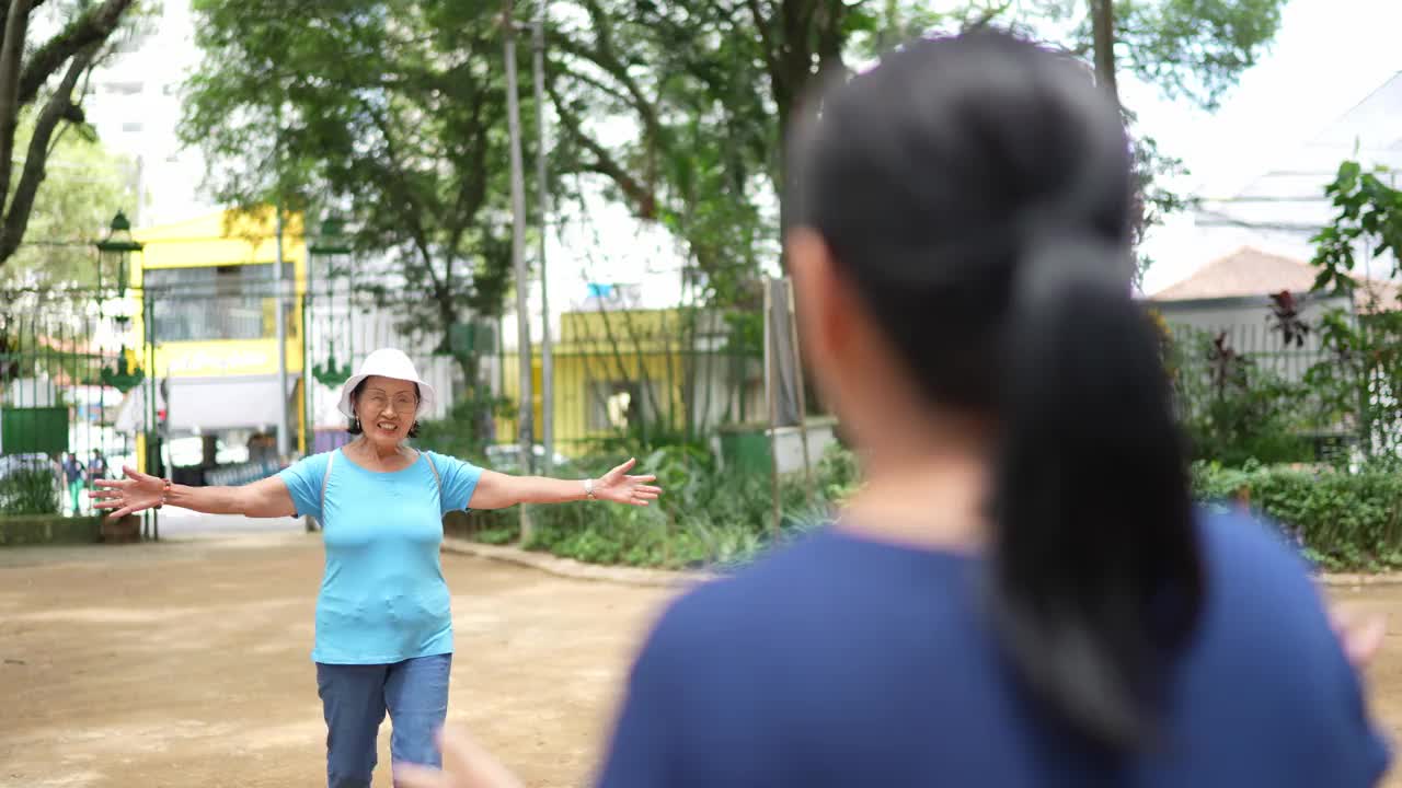 母女俩在公园里互相问候视频素材