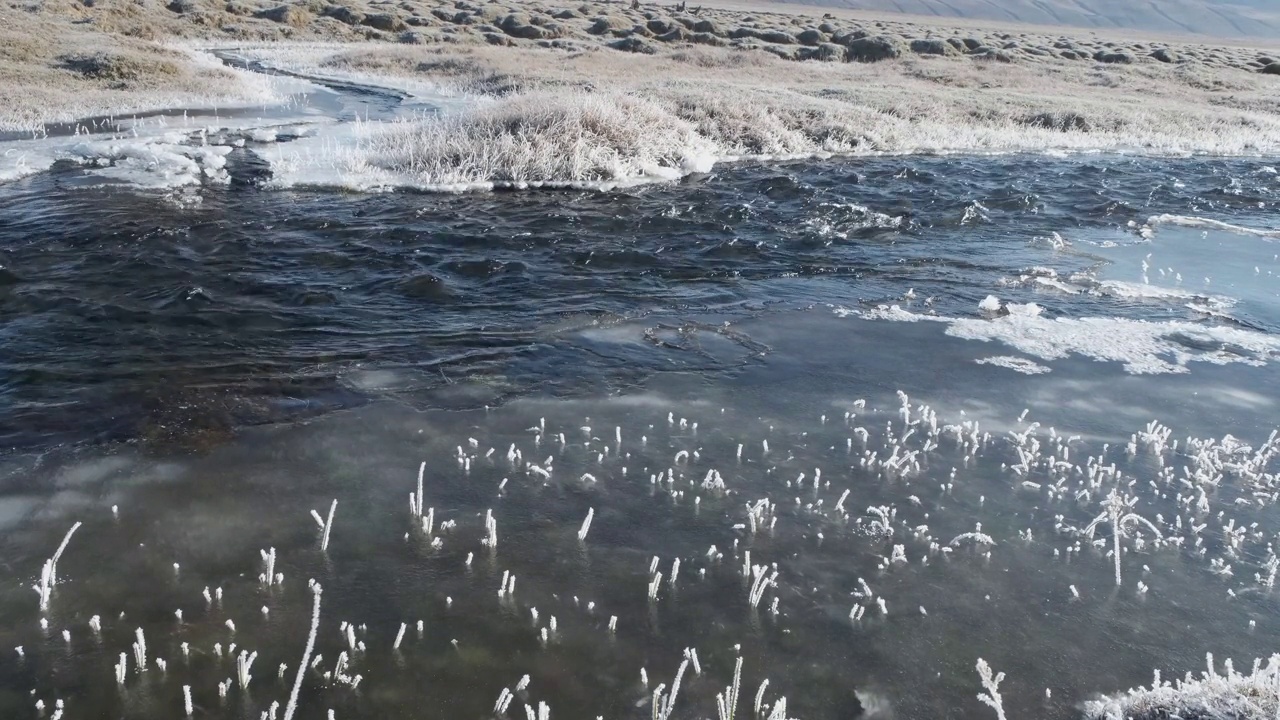 秋天湍急的河流沿着冰冻的河岸流淌视频素材