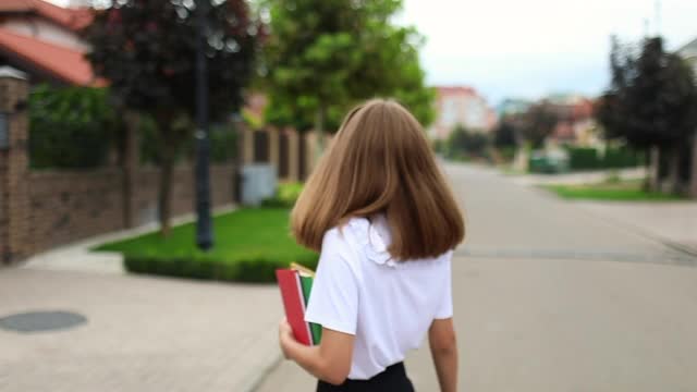 十几岁的女孩拿着书在街上摆姿势。回到学校。慢动作视频素材