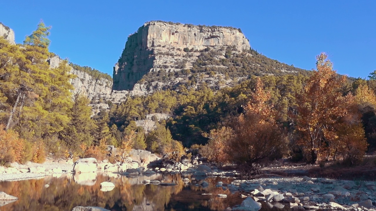 一条河和一个落基峡谷的风景视频素材