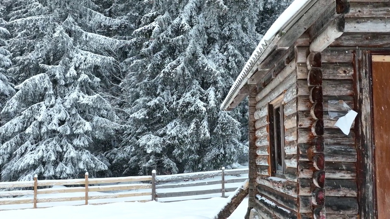 壮丽的山区冬季景观，冷杉林中幽静的小木屋在下雪时完全被雪覆盖。视频素材