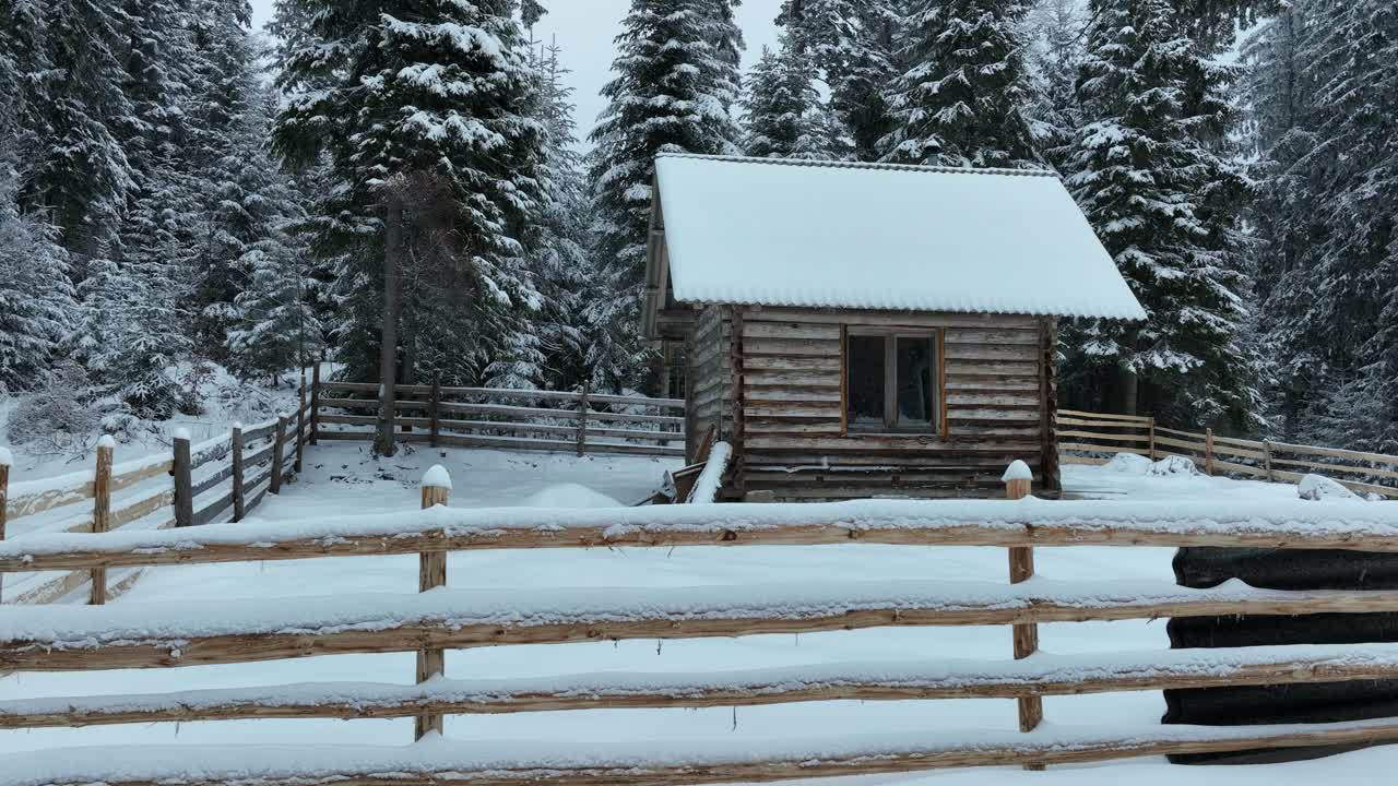 壮丽的山区冬季景观，冷杉林中幽静的小木屋在下雪时完全被雪覆盖。视频素材